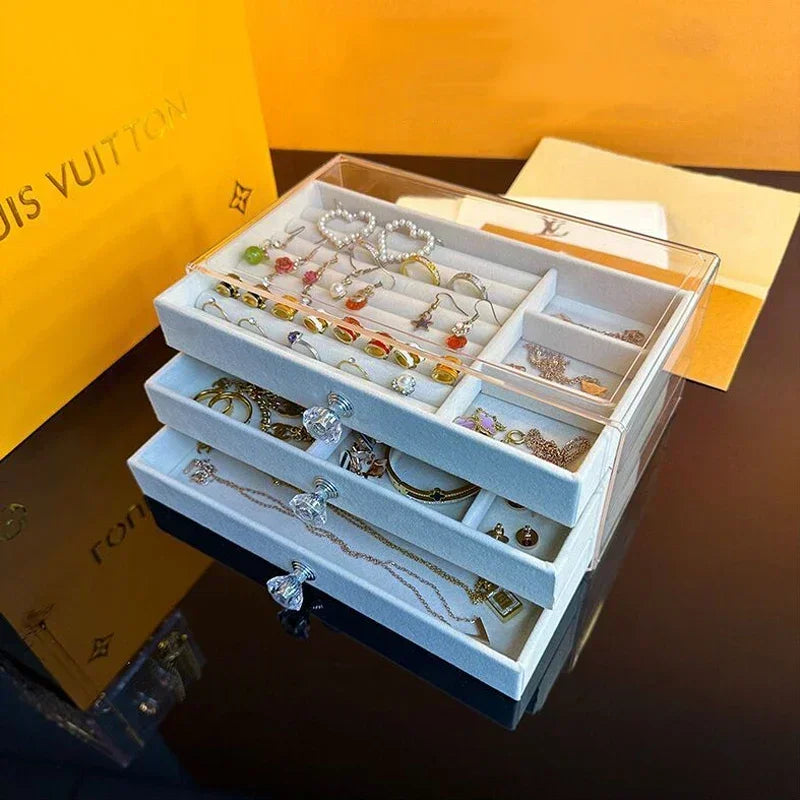 Acrylic Velvet Jewelry Organizer| 3 Drawers Stackable| Display Storage Earrings