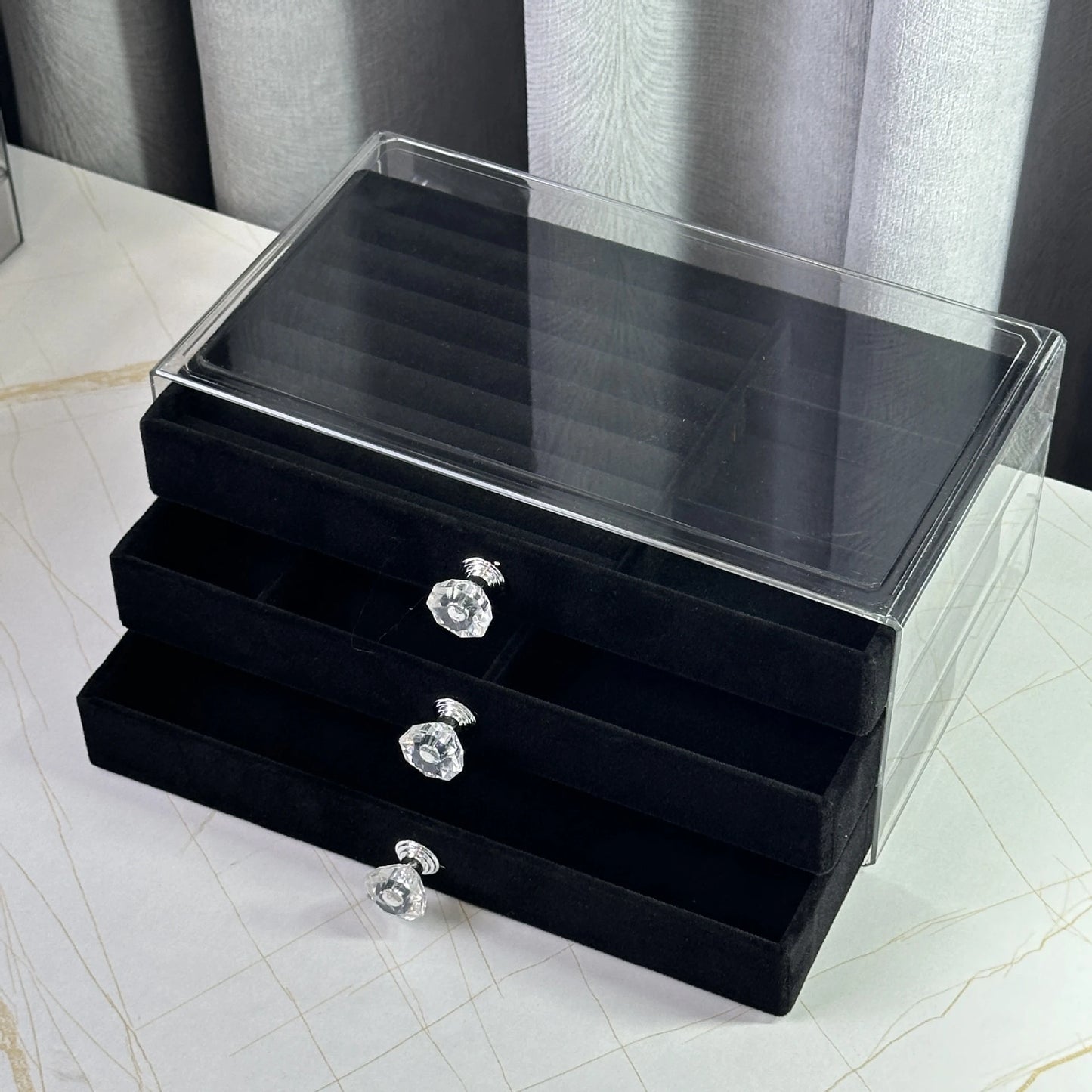 Acrylic Velvet Jewelry Organizer| 3 Drawers Stackable| Display Storage Earrings