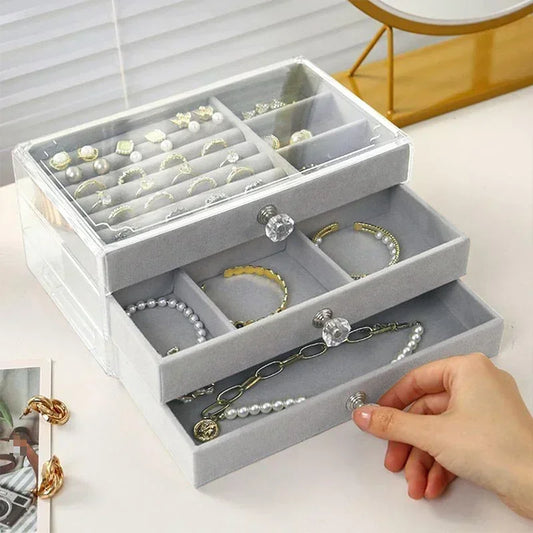 Acrylic Velvet Jewelry Organizer| 3 Drawers Stackable| Display Storage Earrings 