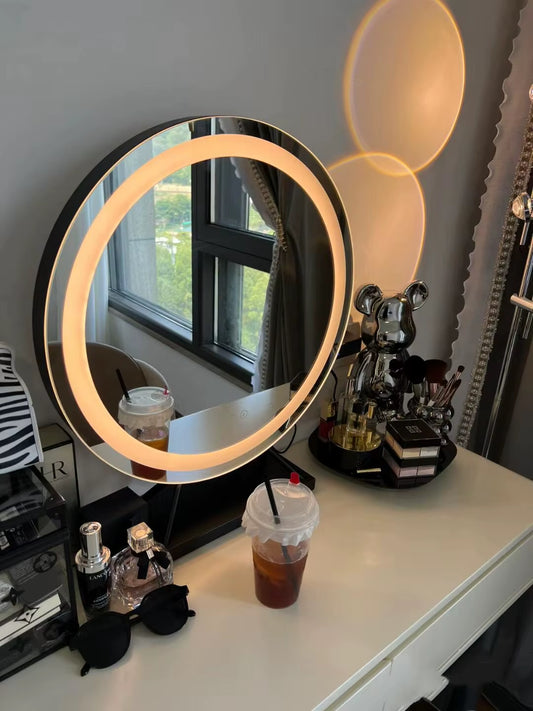 LED Lighted Circle Mirror| Round Tabletop/Desk Mirror 3 Color Dimmable Lighting Modes Make up Mirrors