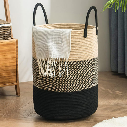 Woven Rope Laundry Hamper Basket| 58L Tall Laundry Basket for Blanket & Clothes | Hamper for Bedroom Storage |Black & Brown