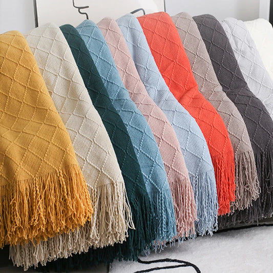 Nordic Knitted Shawl | Sofa Blanket with Tassels |Throw Blanket 