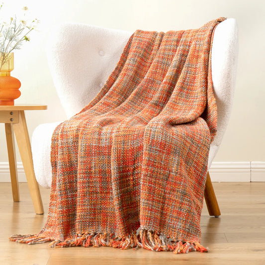 Orange Boho Throw Blanket with Tassels Colorful Cable Knitted Blankets for Bed Fall Decorative Sofa Blanket Home Decor