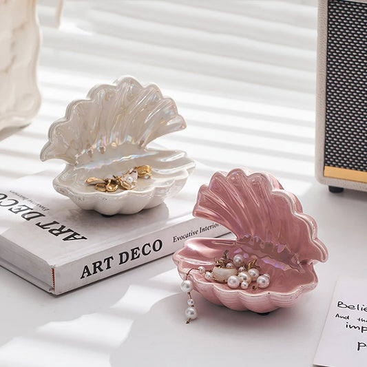 Pink Shell Ceramic Jewelry Tray|  Elegant Home Decor Organizer for Rings Earrings Necklaces Keys| Artistic Vanity Accessory Dish