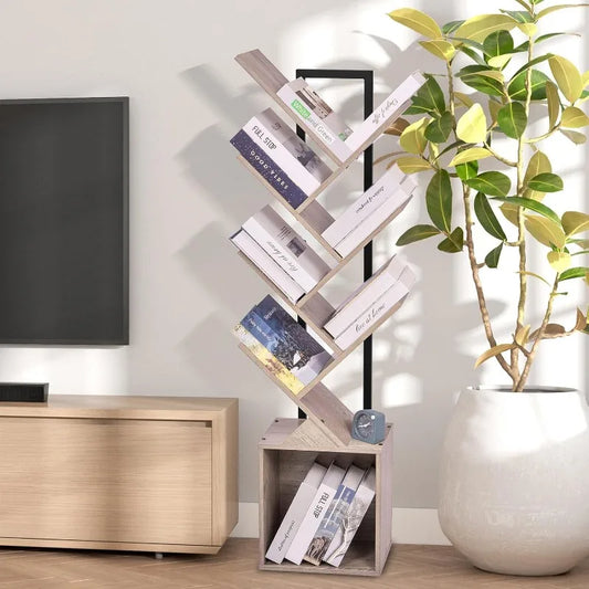 Tree Bookshelf| Bookcase with Storage Cabinet| 7-Tier Modern Corner Bookshelves| Narrow Wood Book Rack