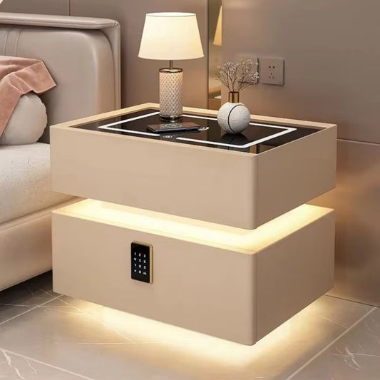 Modern Style Solid Wood Bedside Table with Wireless Charging |2 Drawers Bedroom Nightstands with Lock 40Cm